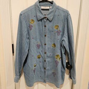 Vintage Two Twenty Collection Jean Shirt with Stitched Grapes/Grapevines/Leaves